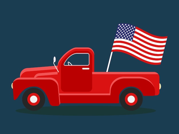 American independence day poster with red classic truck and waving usa flag 4th of july