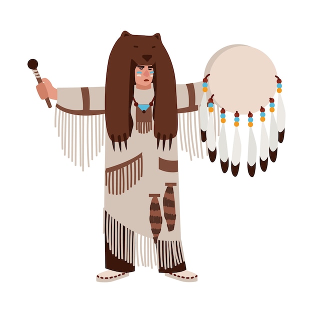 American Indian wearing bearskin and ethnic clothes beating his drum and calling spirits. Shaman priest or medicine man performing religious ceremony. Vector illustration in flat cartoon style.