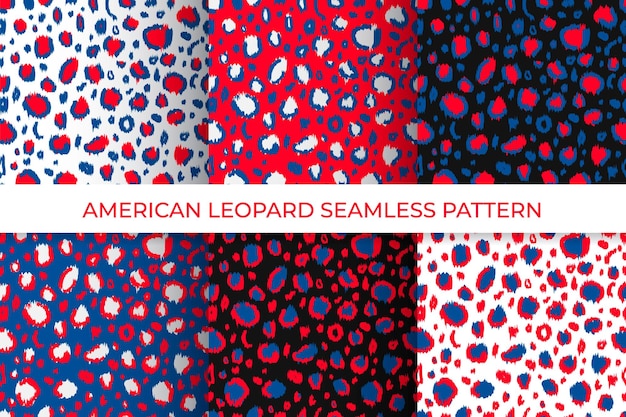 American leopard seamless patterns set of 6 Animal print in colors flag of USA Red white blue Independence Day patriotic background Vector template for fabric textile wallpaper wrapping paper