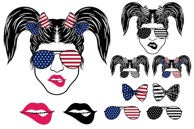 American Messy Bun American Patriotic Mom Bun American Sunglasses 4th of July Vector files