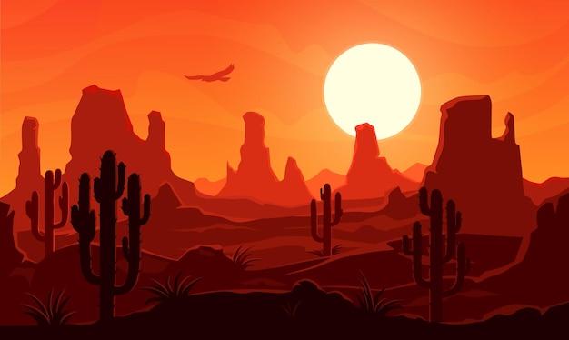 American or mexican desert landscape with mountains and cactus silhouettes Desert sunset scene vector background of Wild West or Mexico nature themes with hot sand and rock canyon cacti plants bird