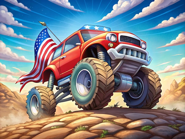 American Monster Truck with an American Flag on a Desert Road