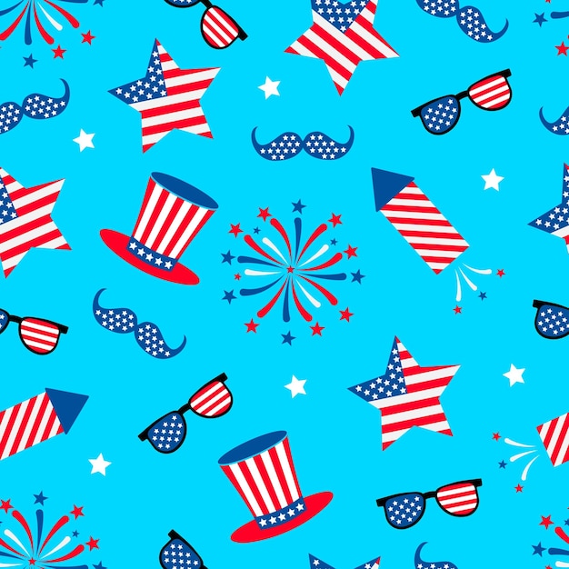 American patriotic seamless pattern Fourth of July traditional background Hats and fireworks backdrop Vector template for fabric textile wallpaper wrapping paper etc