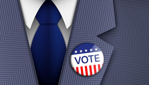 Vector american politician wearing vote pin on a blue official suit usa elections voting vector background