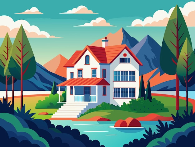 American Suburban Family House Vector Classic TwoStory Home with Trees and Red Roof