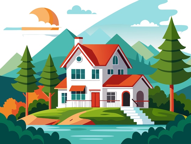 American Suburban Family House Vector Classic TwoStory Home with Trees and Red Roof