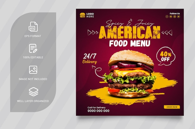 Vector american super burger social media instagram post template