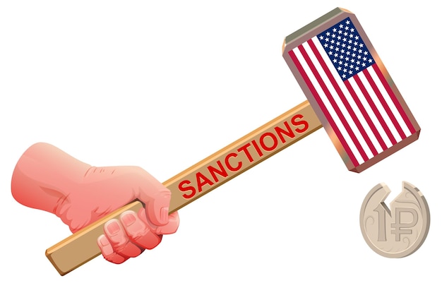 American usa sanctions against russian ruble Hand hammer usa flag beat coin