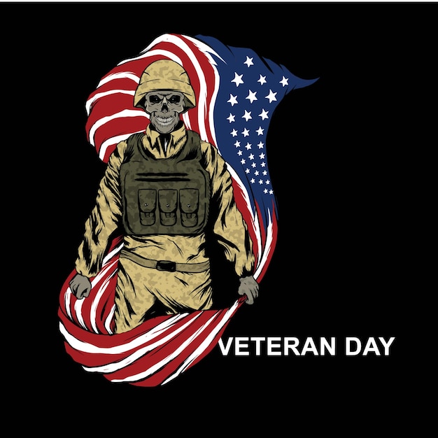 American war veteran skull illustration holding a flying flag. suitable for stickers, t-shirts and g