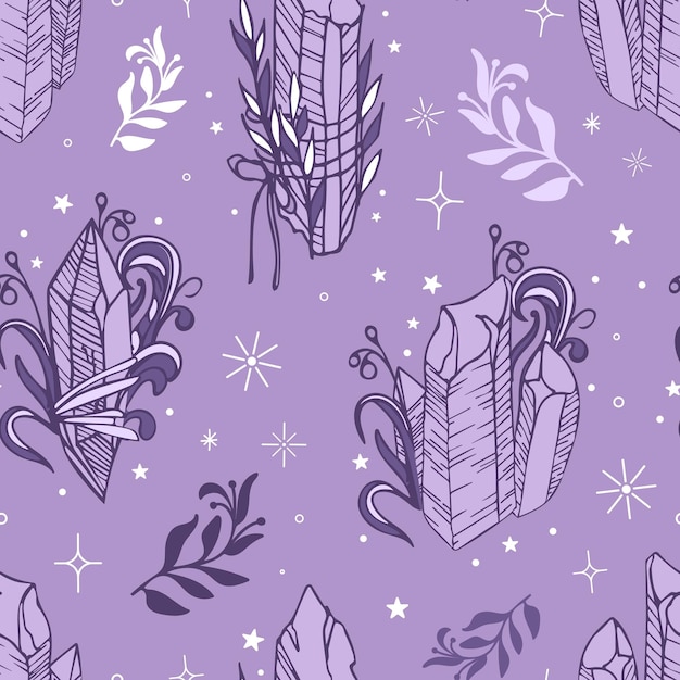 Amethyst crystals seamless pattern Purple stones with plant twigs The magic of herbs and minerals ritual amulet Vintage illustration in boho style Halloween witchcraft For wallpaper wrapping