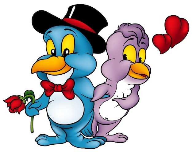 Amorous Bird Couple with Red Hearts