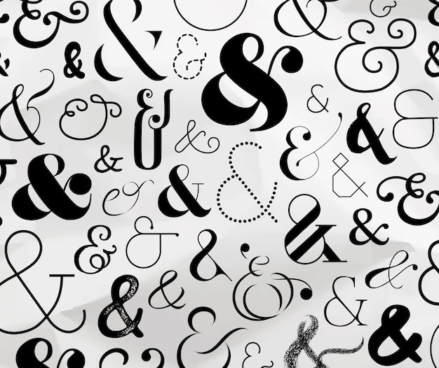 Ampersand pattern made from symbols drawing on crumpled paper background