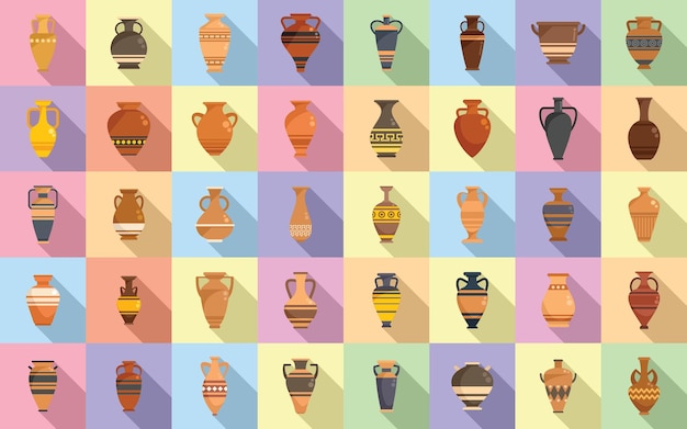 Amphora icons set flat vector Vase pottery