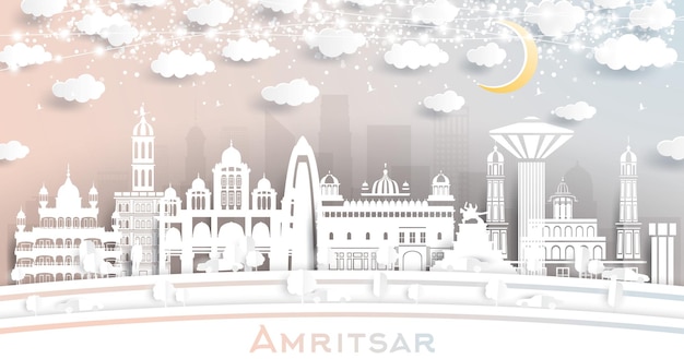 Amritsar India City Skyline in Paper Cut Style with White Buildings Moon and Neon Garland