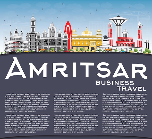 Amritsar Skyline with Gray Buildings, Blue Sky and Copy Space. Vector Illustration. Business Travel and Tourism Concept with Historic Architecture. Image for Presentation Banner Placard and Web Site.