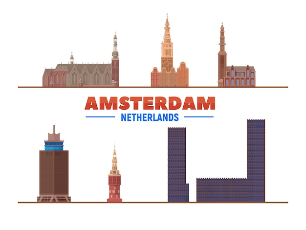 Amsterdam landmarks on a white background Isolated objects Flat vector illustration Business travel and tourism concept with modern buildings Image for banner or web site