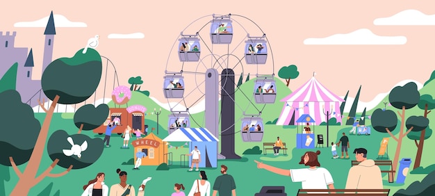 Amusement entertainment park landscape Happy people resting friends and families having fun on summer holiday weekend at ferris observation wheel food trucks and tents Flat vector illustration