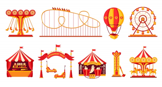 Amusement park flat set Carousel horse cartoon style Fairground rollercoaster, balloon ferris wheel