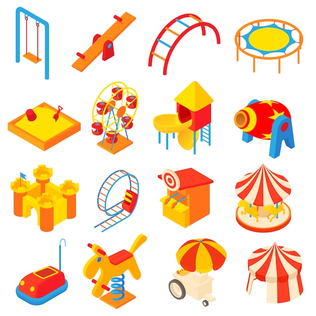 Amusement park icons set in cartoon style