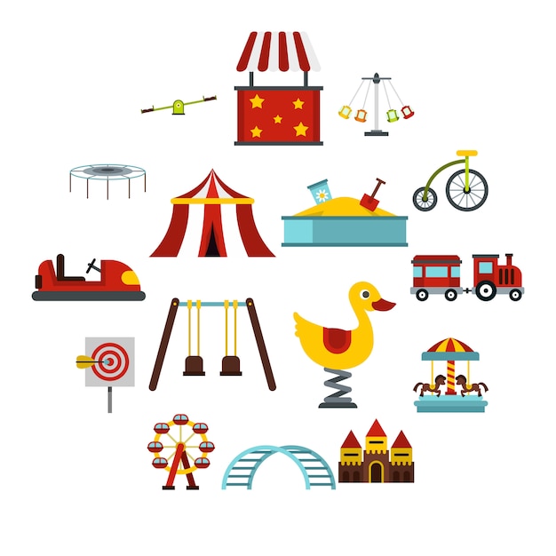 Amusement park icons set, flat style