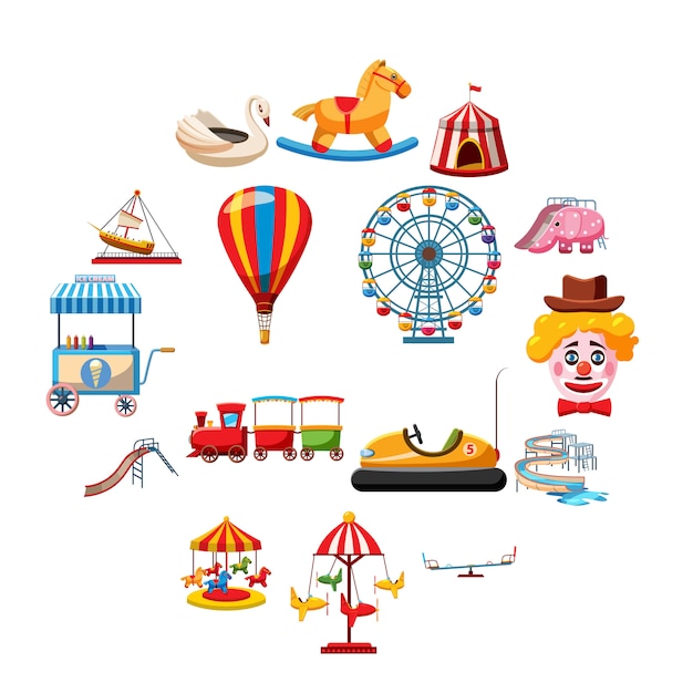 Amusement park icons set, flat style