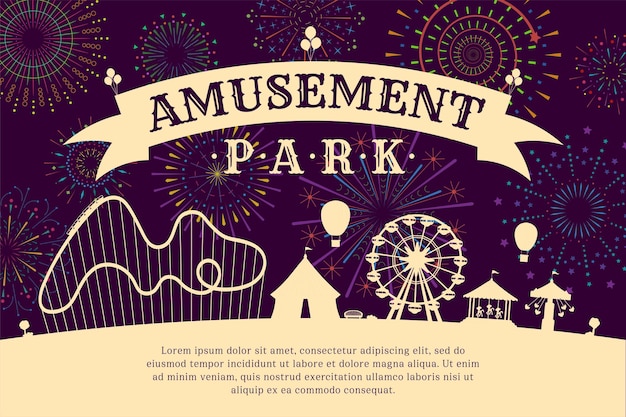 Amusement park poster with firework on night sky carnival funfair with circus carousels roller