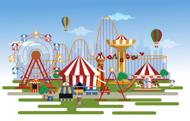 Amusement Park Rides Fun Fair Carnival Flat Vector Illustration