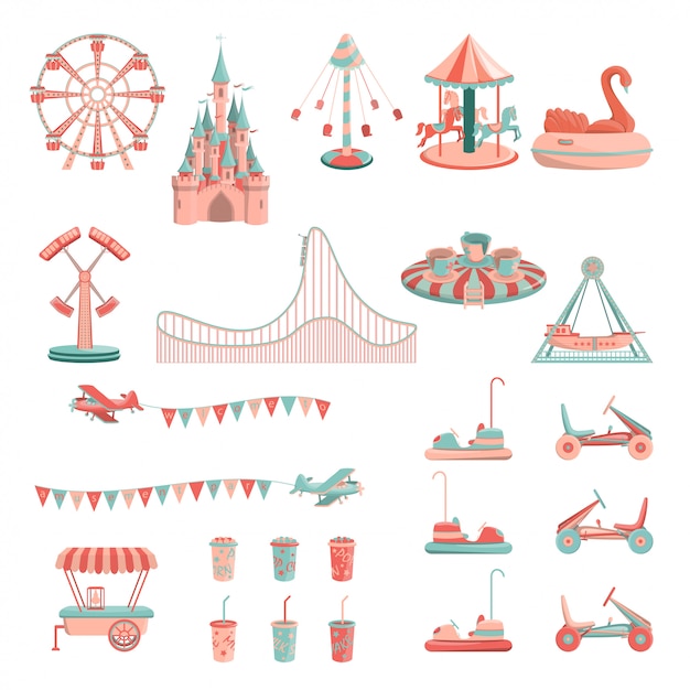 amusement park rides icon set.