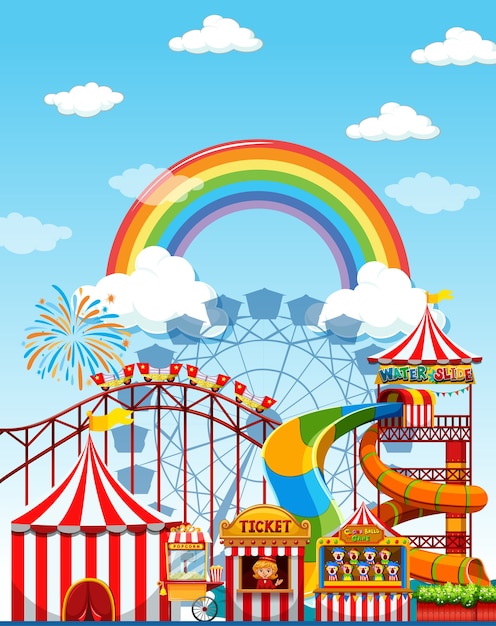 Amusement park scene at daytime with rainbow in the sky