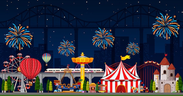 Vector amusement park scene at night with fireworks in the sky