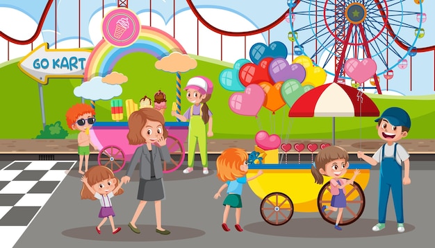 Amusement park scene with street food cart