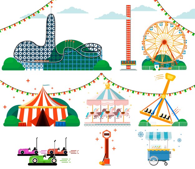 Vector amusement park with attractions set