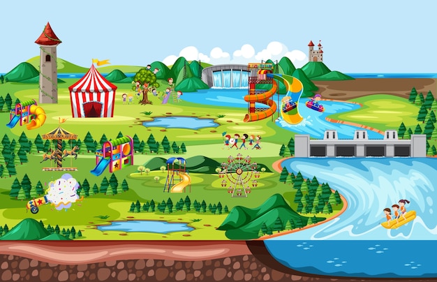 Amusement park with carnivals and many rides landscape scene