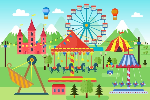 Amusement park with carousels, roller coaster and air balloons. Comic circus, fun fair. Cartoon carnival theme landscape