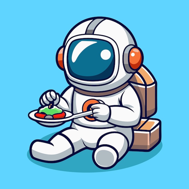 Vector amusing cartoon of an astronaut delightfully enjoying sushi in space