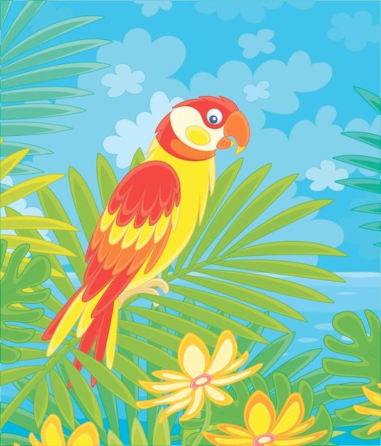 Amusing colorful parrot longtailed and with brightly colored plumage perched on a green palm tree