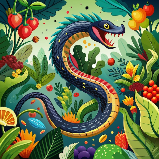 Anaconda Snake energetic runs jungle Vegetables vector