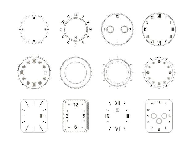 Vector analog clock face watch dial with time numbers chronometer stopwatch elegant vintage circles mechanical wristwatch elements vector isolated set