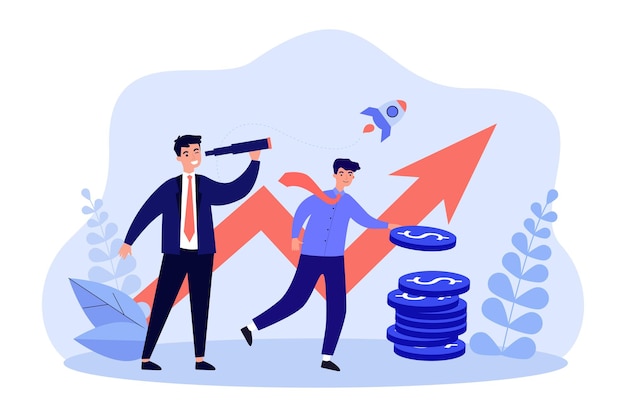 Analyst looking future potential profit through telescope. Team of tiny people with growth of graph arrow flat vector illustration. Success concept for banner, website design or landing web page