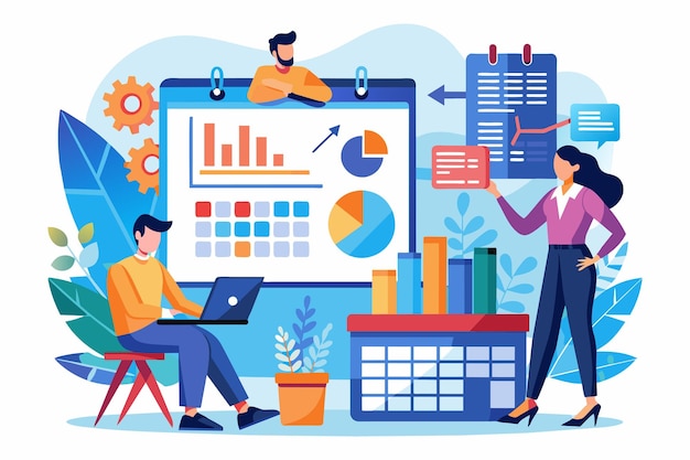 Vector analysts collaborate to create monthly reports featuring charts and data visualizations in a vibrant office setting analysts create monthly reports with a calendar chart and flat illustration