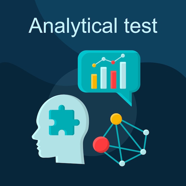 Vector analytical test flat concept vector icon. analytic skills idea cartoon color illustrations set. critical thinking process. problem solving. search solution. brainstorm. isolated graphic design element