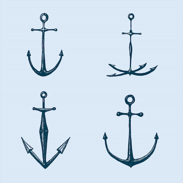 Anchor engraved vintage in old hand drawn or tattoo style drawing for marine aquatic or nautical theme wood cut blue logo