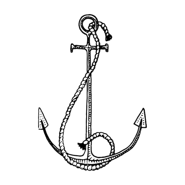 Anchor engraved vintage in old hand drawn or tattoo style, drawing for marine, aquatic or nautical theme, wood cut, blue logo