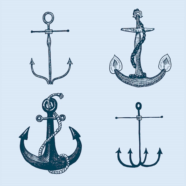 Anchor engraved vintage in old hand drawn or tattoo style, drawing for marine, aquatic or nautical theme, wood cut, blue logo