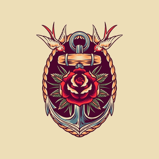 Anchor And Rose Retro Illustration