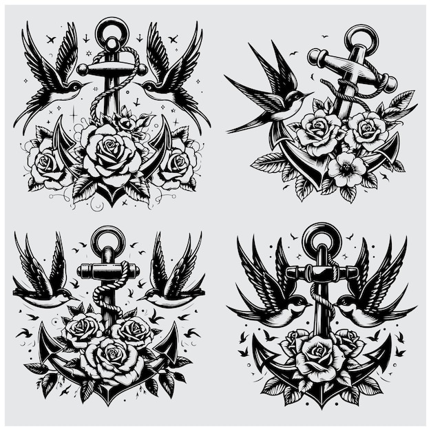 Anchor Set with swallows and roses Tattoo design Vector illustration