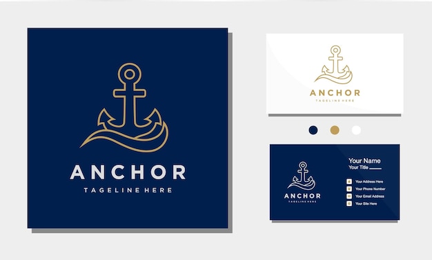 Anchor Wave Boat Ship Marine Navy Nautical line art logo design icon vector