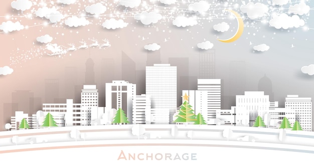 Anchorage Alaska USA City Skyline in Paper Cut Style with Snowflakes Moon and Neon Garland