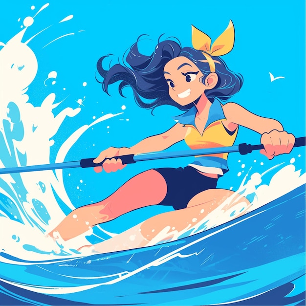 A Anchorage girl goes barefoot skiing in cartoon style