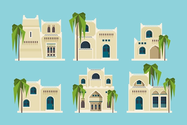 Ancient arabic houses. Old traditional muslim brick buildings desert architectural objects mosque flat collection.